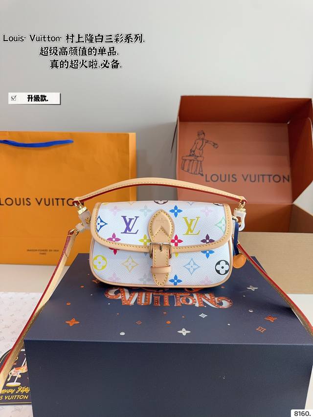 With Gift Box L's Diane White Tri-Color Baguette Handbag Customized Old Flower F