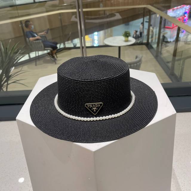 Prada straw hat, high-end custom made, super nice hat shape with pearl accessori Prada straw hat, high-end custom made, super nice hat shape with pearl accessori