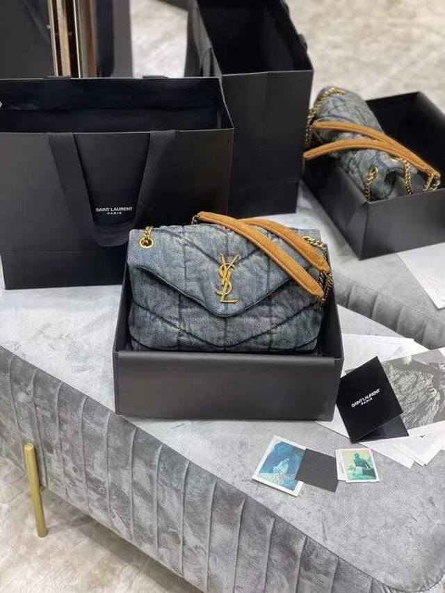Latest denim pattern 29cm Loulou Puffer denim pattern small quilted bag, the ult