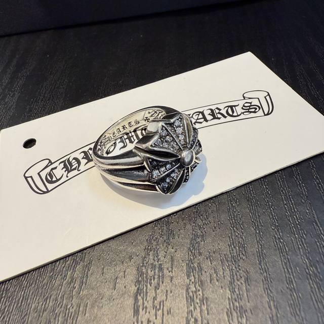Counter quality Chrome Hearts classic retro full diamond cross ring with concave