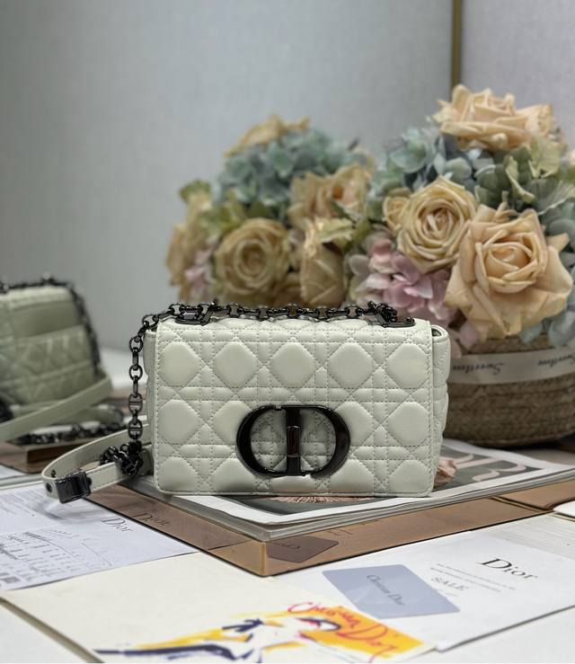 Dior Caro Small Diamond Handbag Small White Black Buckle Cowhide leather rattan