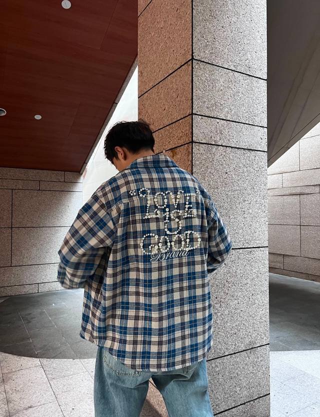 Gd616 Goodbrand lapel plaid pearl long-sleeved shirt unisex color: red blue size