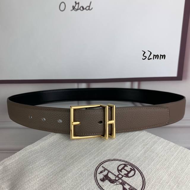 HermèS 爱马仕针扣 原单品质 头层牛皮 灰色荔枝纹搭配黑色平纹 32Mm宽 双面可用 配官网H亮金 亮银 哑黑扣