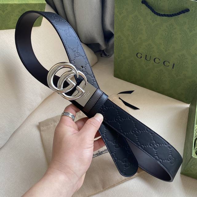 Gucci - Gucci Width: 3.7cm Original Italian black embossed leather base, double- Gucci - Gucci Width: 3.7cm Original Italian black embossed leather base, double-