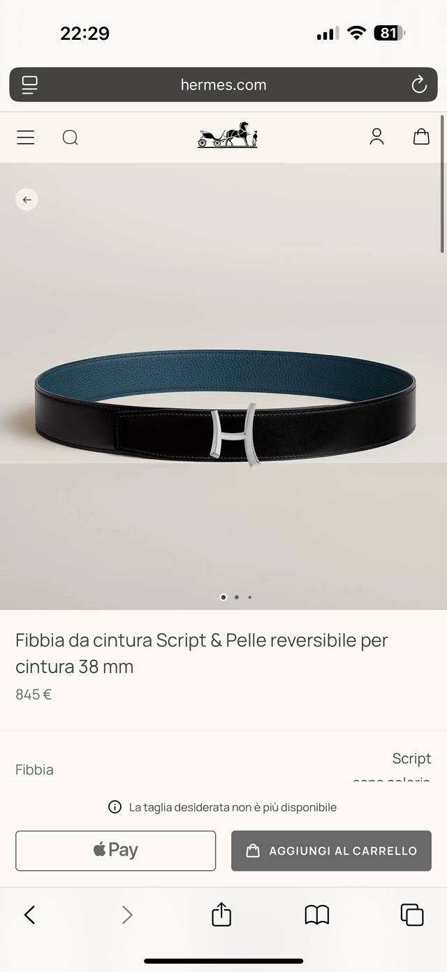 Script features premium hardware paired with imported deep blue Togo leather. 38