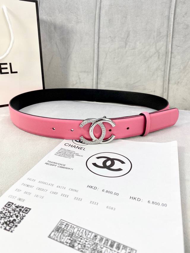 宽度3.0Cm Chanel 香奈儿 经典款平纹 两面原版牛皮金 银 色镶钻钢扣。
