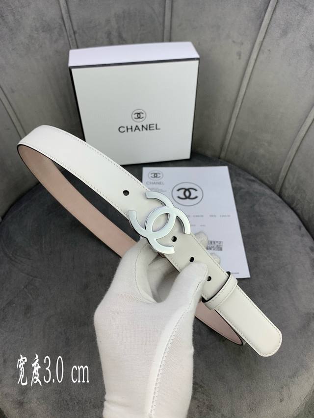 宽度3.0Cm Chanel 香奈儿 女士经典款腰带皮带新款光滑内衬磨砂牛皮银色金属精品钢扣