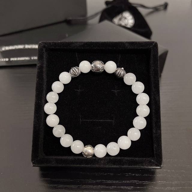 Chrome Hearts 8mm White Obsidian Four-Bead Bracelet. This 925 silver Chrome Hear