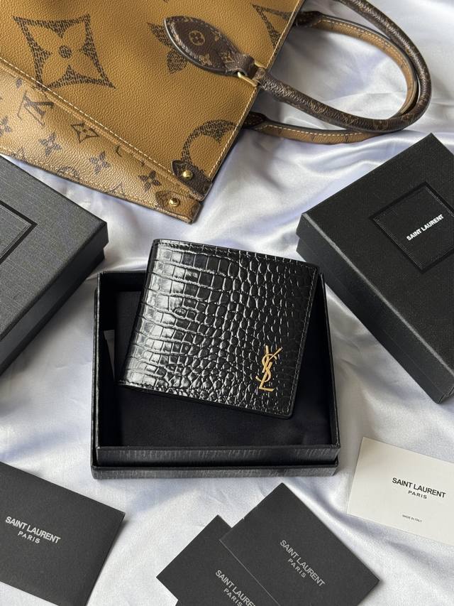 Ysl Men's Wallet in Black with Imported Crocodile Texture. Made of cowhide leath