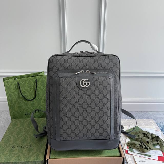 原厂皮 Ophidia系列中号Gg背包，灰色 黑色Gg搭配灰色皮革，棉麻里衬，款号745718灰色，尺寸40X30X14～