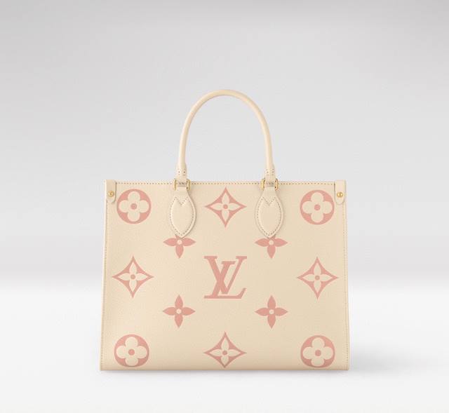 顶级原单M21575 奶油白拼粉色丝印 本款 Onthego 中号 Tote 包将 Medium Monogram 图案先印染后压印于柔软粒面牛皮革，其充裕内里