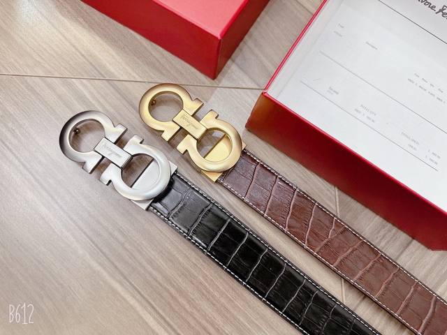 Salvatore Ferragamo men's 3.5cm classic metal clip, imported top-grain cowhide,