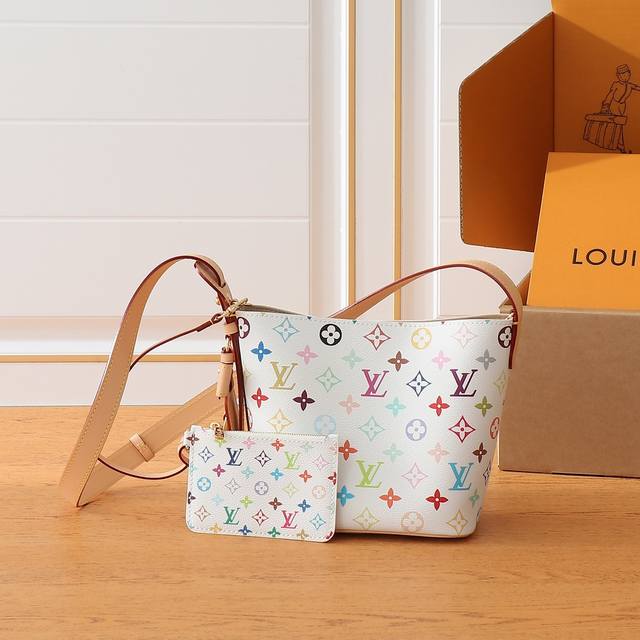 M13089 White Bucket Bag Collection Lv x Tm All In Bb Handbag Tricolor - Takashi M13089 White Bucket Bag Collection Lv x Tm All In Bb Handbag Tricolor - Takashi