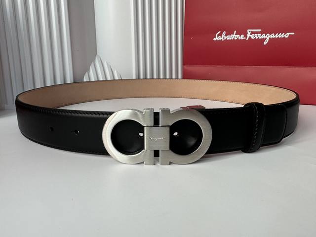 -Salvatore Ferragamo 3.5cm double-loop metal buckle with imported cowhide froste