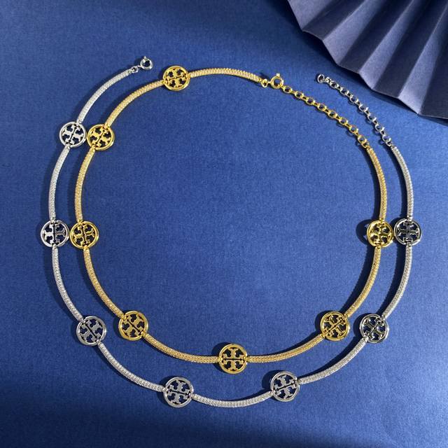 Tl92 Tory Burch托里伯奇新款时尚设计镂空圆形镶钻项圈项链 黄铜材料 金银2色 重约17.5G