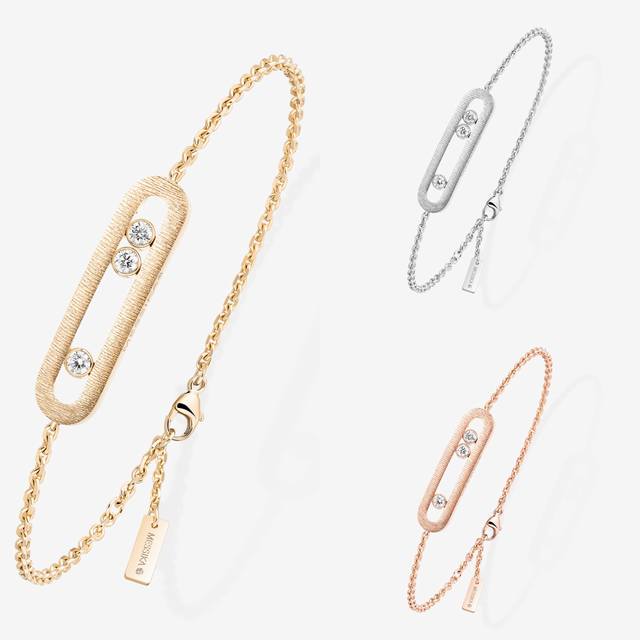 Messika bracelet, smooth brushed, three-diamond engraved diamond bracelet, slidi