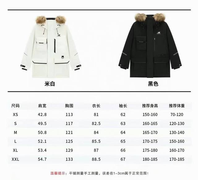 正p级 Nb工装狼毛款羽绒服 New Balance 纯色毛领连帽拉链口袋长袖防风保暖羽绒服 男女同款 中长款四口袋工装羽绒服大毛领 New Balance 新