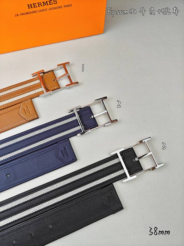HermèS 爱马仕 新款针扣皮带 原单品质 原版Esom小牛皮搭配帆布材质 38Mm宽 配官网亮金 亮银扣 可翻转五金两面可用
