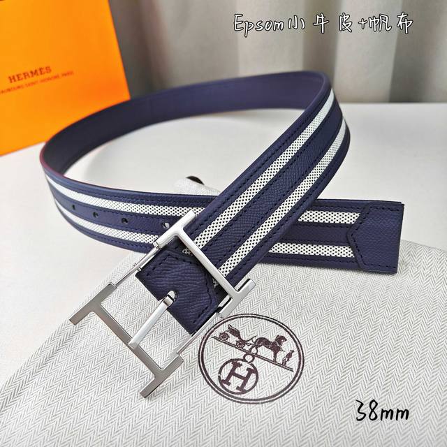 HermèS 爱马仕 新款针扣皮带 原单品质 原版Esom小牛皮搭配帆布材质 深蓝色 38Mm宽 配官网亮金 亮银扣 可翻转五金两面可用