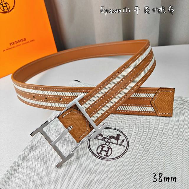 HermèS 爱马仕 新款针扣皮带 原单品质 原版Esom小牛皮搭配帆布材质 土黄色 38Mm宽 配官网亮金 亮银扣 可翻转五金两面可用
