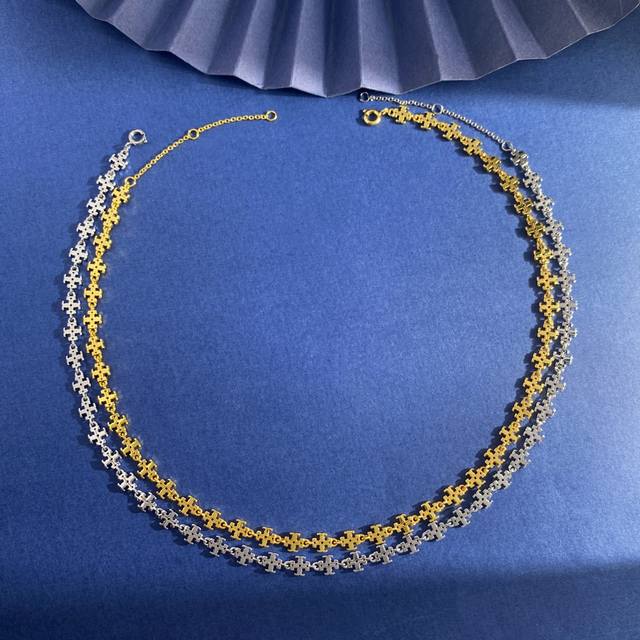 tl92 Tory Burch托里伯奇新款简约百搭叠戴基础链光面双T字母Logo项链 黄铜材料 金银2色 重约14.5G 项链约长39Cm+3Cm+3Cm