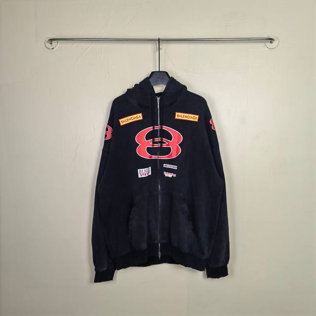 Blcg Sponsor Logos Large Zip-Up Hoodie In Black Faded 25 印花字母双环早春新款经典双环印花磨洗水运动套装