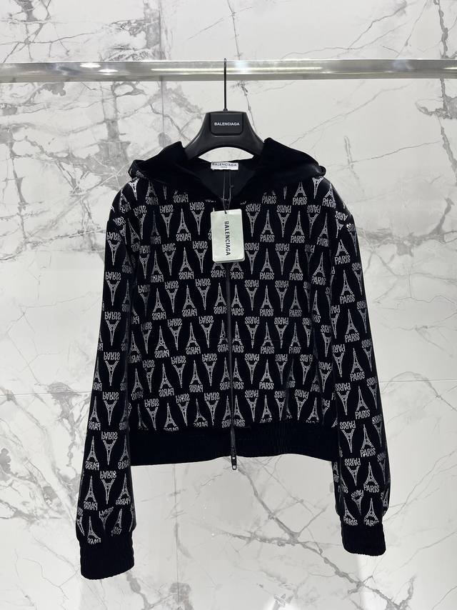 Balenciaga Velvet Rhinestone Eiffel Tower Fitted Zip-Up Hooded Sweatshirt. The l
