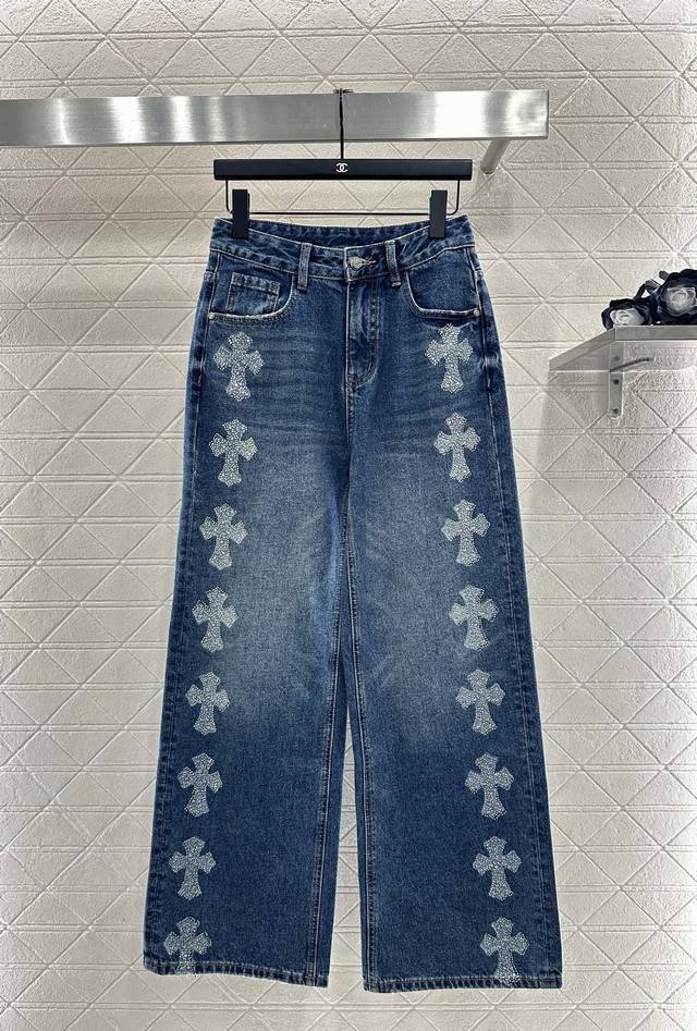 Chrome Heart*2025 New Arrival Rhinestone Cross Denim Pants Custom Yb twill cotto
