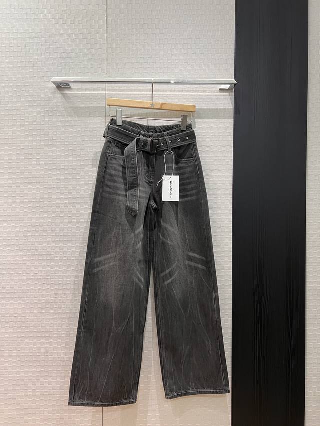 Acne New Style Patchwork Belt Denim Straight Leg Wide Leg Pants, Washed Pattern