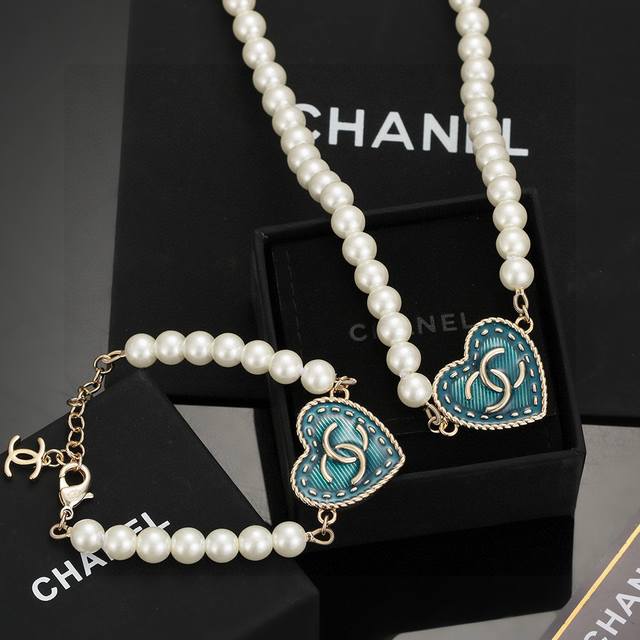 Chanel New Double C Heart Peach Vintage Old Blue Pearl Bracelet and Necklace. Th Chanel New Double C Heart Peach Vintage Old Blue Pearl Bracelet and Necklace. Th