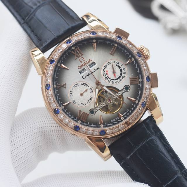 品牌：欧米茄-Omega 类型：男士腕表 壳套：顶级版316精钢L 表带：进口小牛皮表带 机芯：全自动机械机芯 镜面：矿物质防刮镜面玻璃 尺寸：直径42Mm厚1