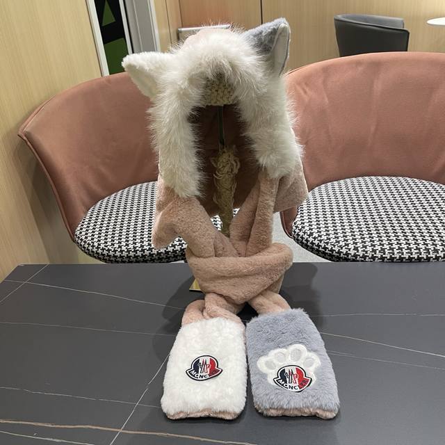 Moncler Fox Ear Plush Ski Hat and Scarf Set for Women, Winter Warm Ear Protectio