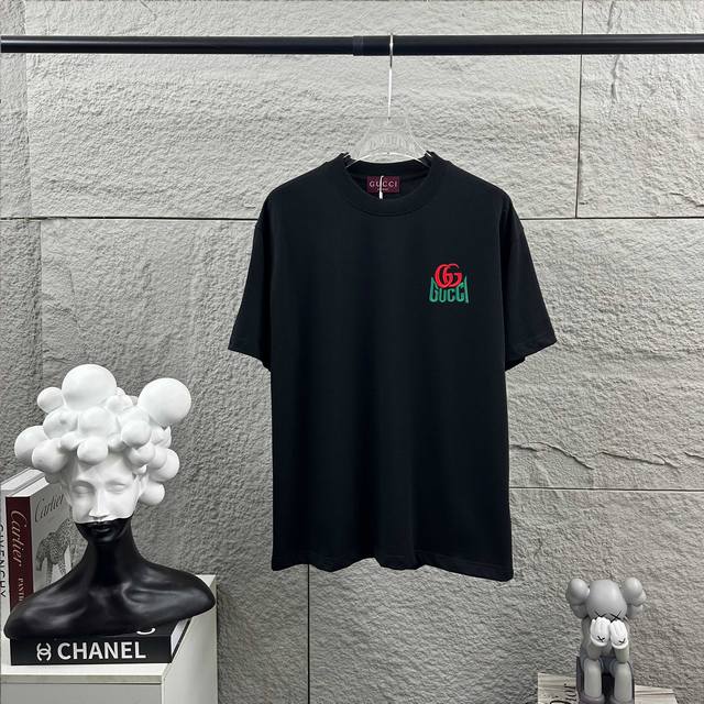 Gu* Gucci*2025 Spring/Summer New Style Double G Embroidered Short-Sleeve T-Shirt