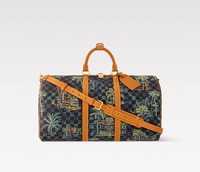 N00227椰子树 163C01动态芯片本款 Keepall BandoulièRe 50 旅行袋为华美棉布铺陈 Damier palm Trees 提花织纹，