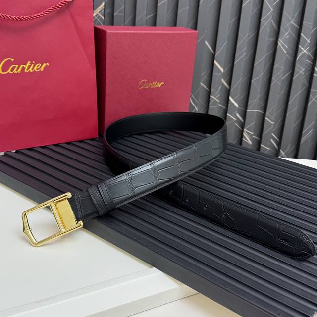 Palladium-plated finish pin buckle leather strap with Cartier logo. Black allig
