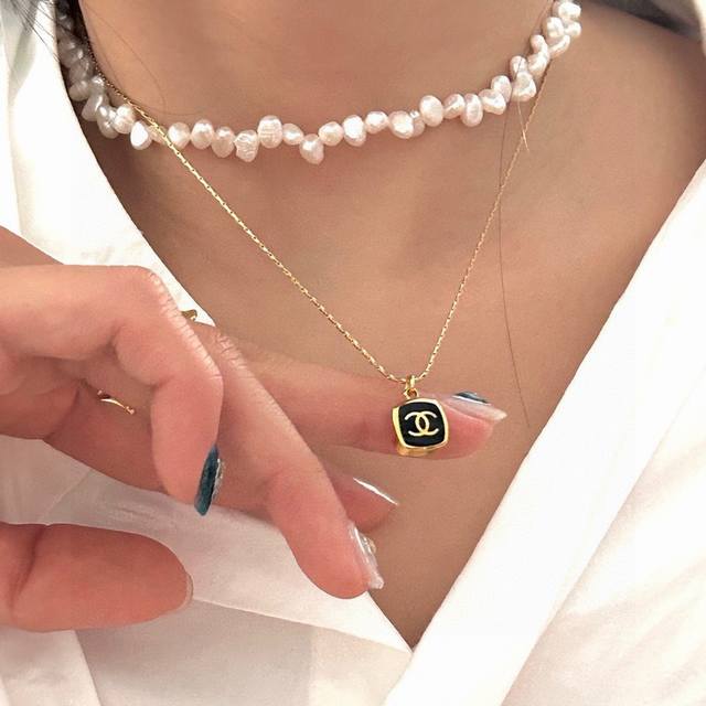 Vintage Chanel Black Square Necklace, Titanium Steel Plated with 24K Real Gold,