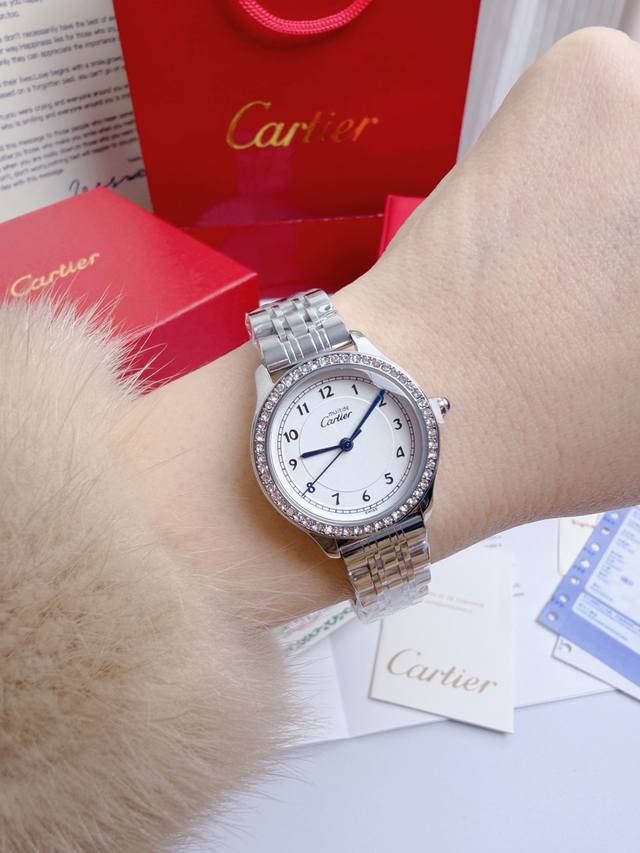 Full set of boutique gift box packaging. Cartier diamond-set women's watch. Sil