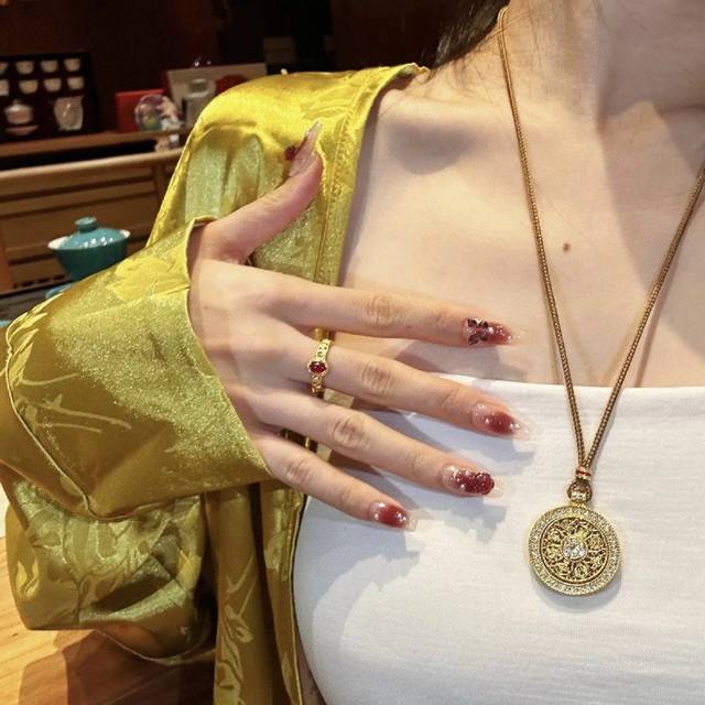 Chinese Gold Lotus Eight Treasures Compass Braided Necklace, Sand Gold Material