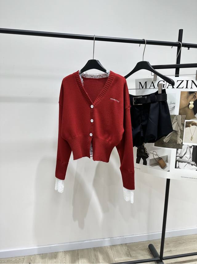 Ann Red Lace-Trimmed V-Neck Cardigan DDD, Fabric: Wool + Water-soluble Lace DDD