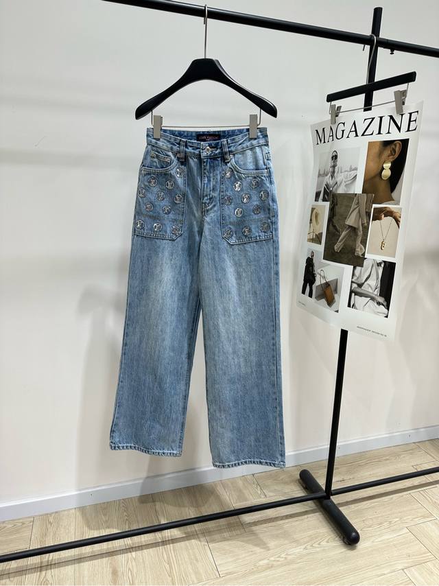 Lv Sequined Circle Letter Embroidered Denim Pants DDD ., Fabric: Denim Cotton DD
