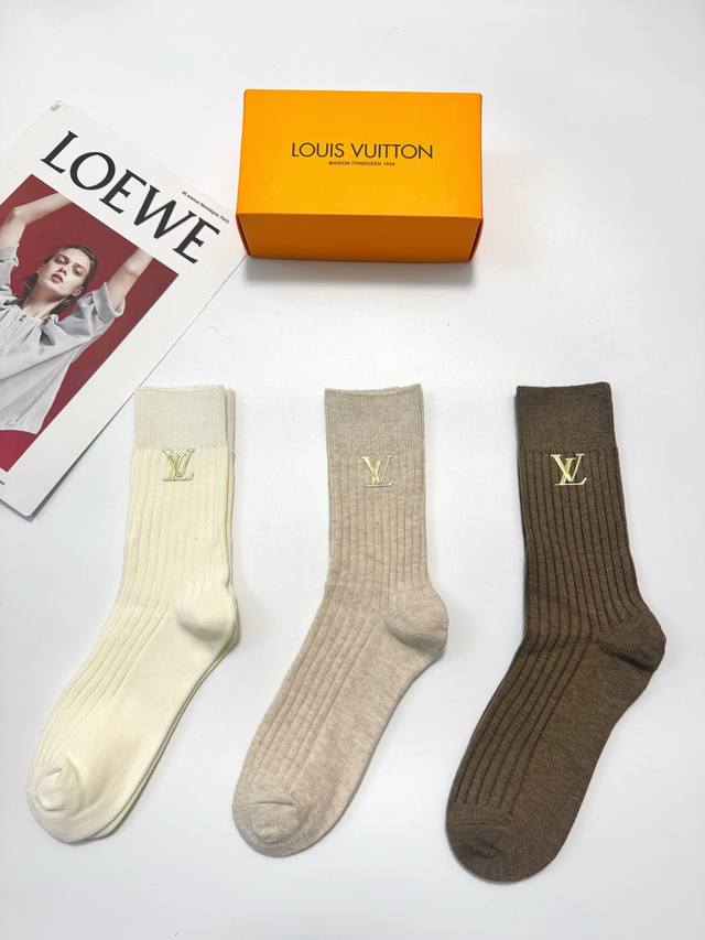 With Packaging DDD One Box of 3 Pairs DDD Louis Vuitton Classic Logo Pure Cotton