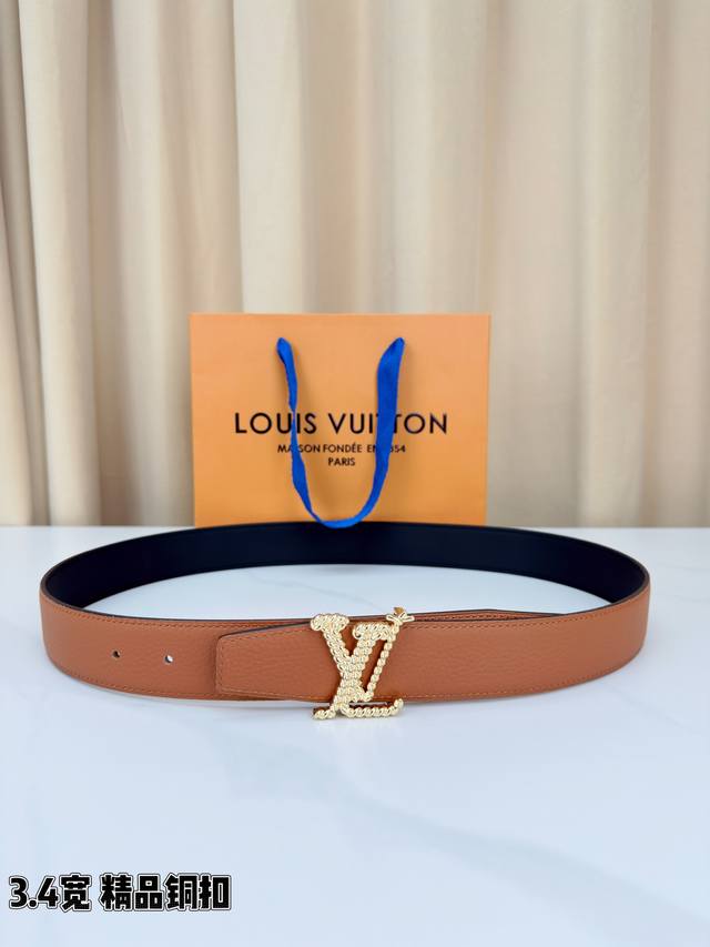 L's 3.4cm wide lychee-grain brass buckle leather belt, made from select top-grai