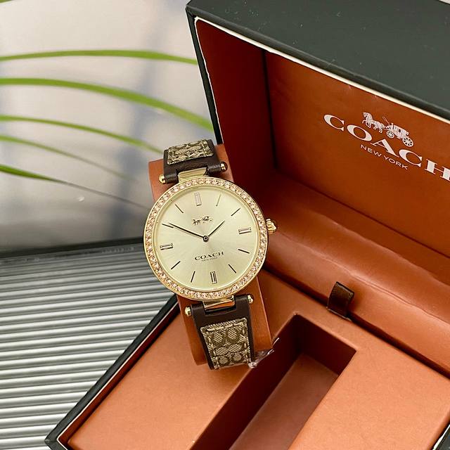 新款批 罗一舟推荐 Coach 蔻驰Park老花日晖纹石英手表女表送礼 Park的名字源自迷人的的纽约街道、表壳点缀的闪亮的钻面、展现迷人的气质、经典皮加帆布带