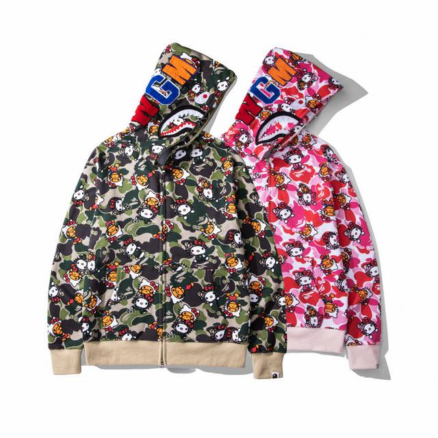 Bape Shark & Hello Kitty collaboration hoodie with plush toy, green & pink, size
