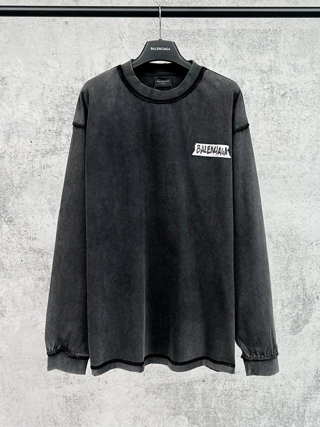 实拍图 顶级版本.官网品质 Balenci*Ga 巴黎.Ss26最新美纹纸胶带直喷印花成衣水洗磨烂做旧长袖T恤.砖柜同步.面料采用巴黎Zp定织定染全棉双纱紧密棉