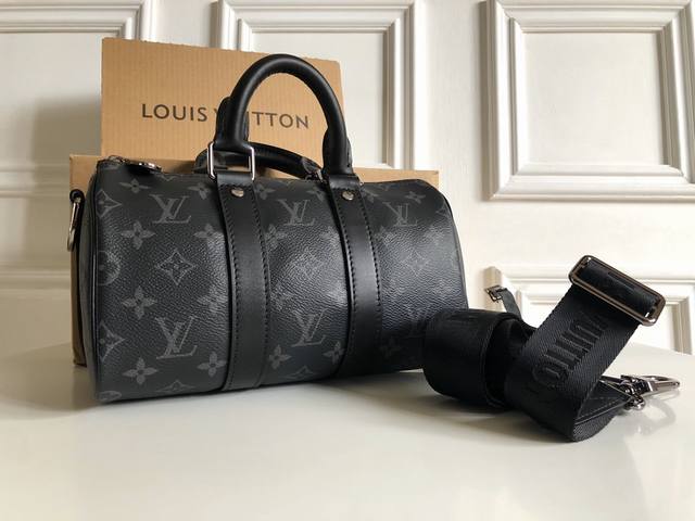 出厂全套包装163C 驴牌 夏季新品Keepall BandoulièRe 25 M46271黑花细节！可拆卸肩带拼色面料钢钉