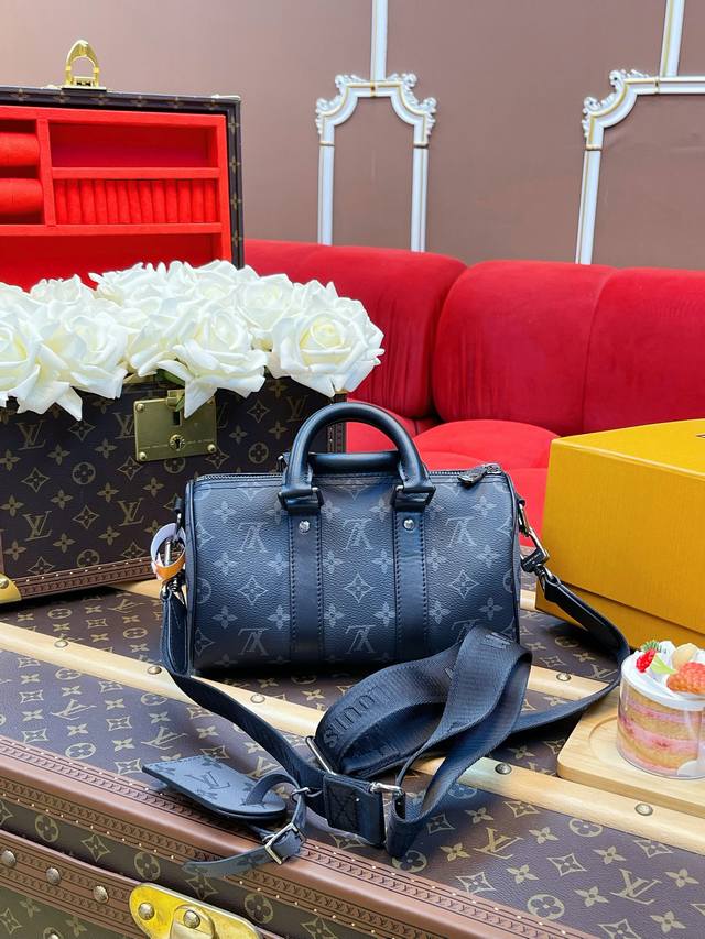 出厂全套包装163C 特级Mb动态变码 M46271黑花 Keepall 25Cm 手袋取材 Monogram Eclipse Reverse 帆布，展现路易威