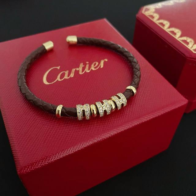 Cartier Diamond-Set Leather Cord Bangle, High-End Custom Version. Diamond settin