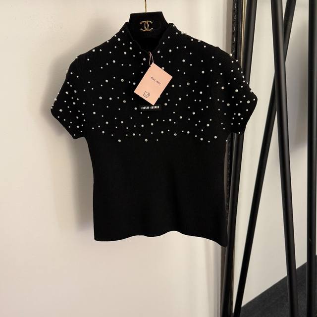 Style No. 20260861 Miumi* New Style High-Neck Slim-Fit Short-Sleeve Knit Top wit