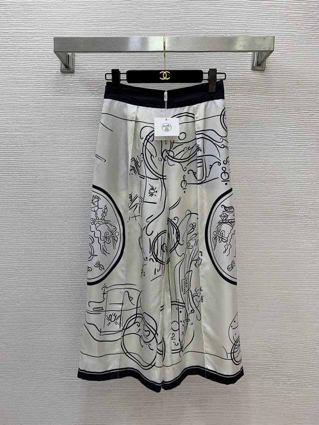 款号G26012838 Hermè*S新款2026年H家高端定制采用21姆米100%真丝斜纹绸面料、几何图案复古印花后背腰间弹力织带拼接松紧百搭真丝阔腿裤八分休